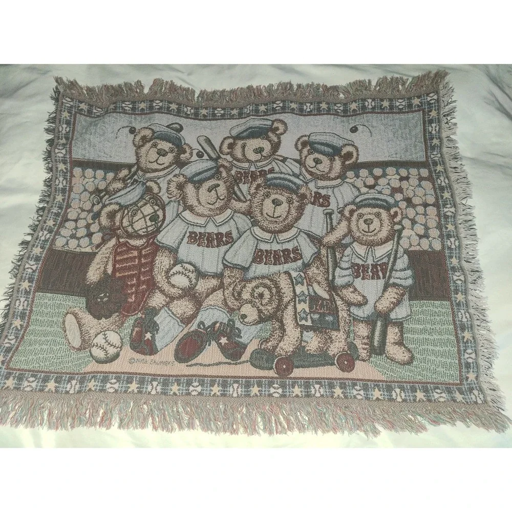 Nita Showers Teddy Bear Baseball Woven Tapestry Throw Blanket Fringed 39x33